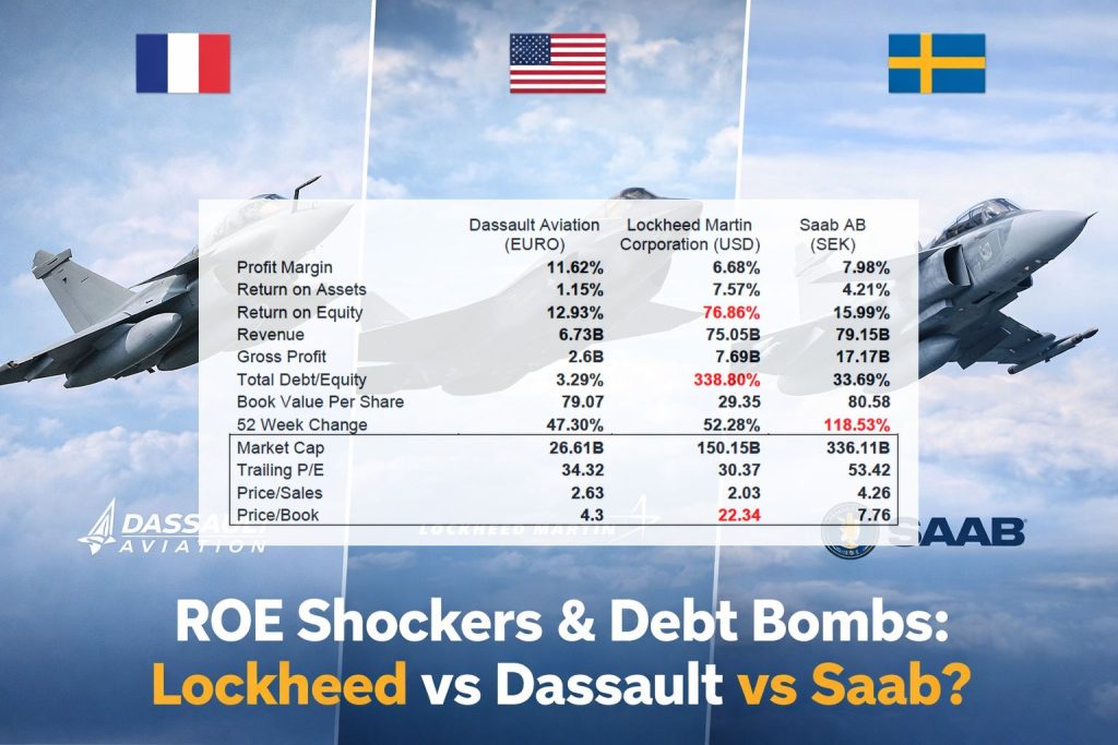 Comparison of Lockheed Martin, Dassault Aviation and Saab financial ratios, including ROE and debt