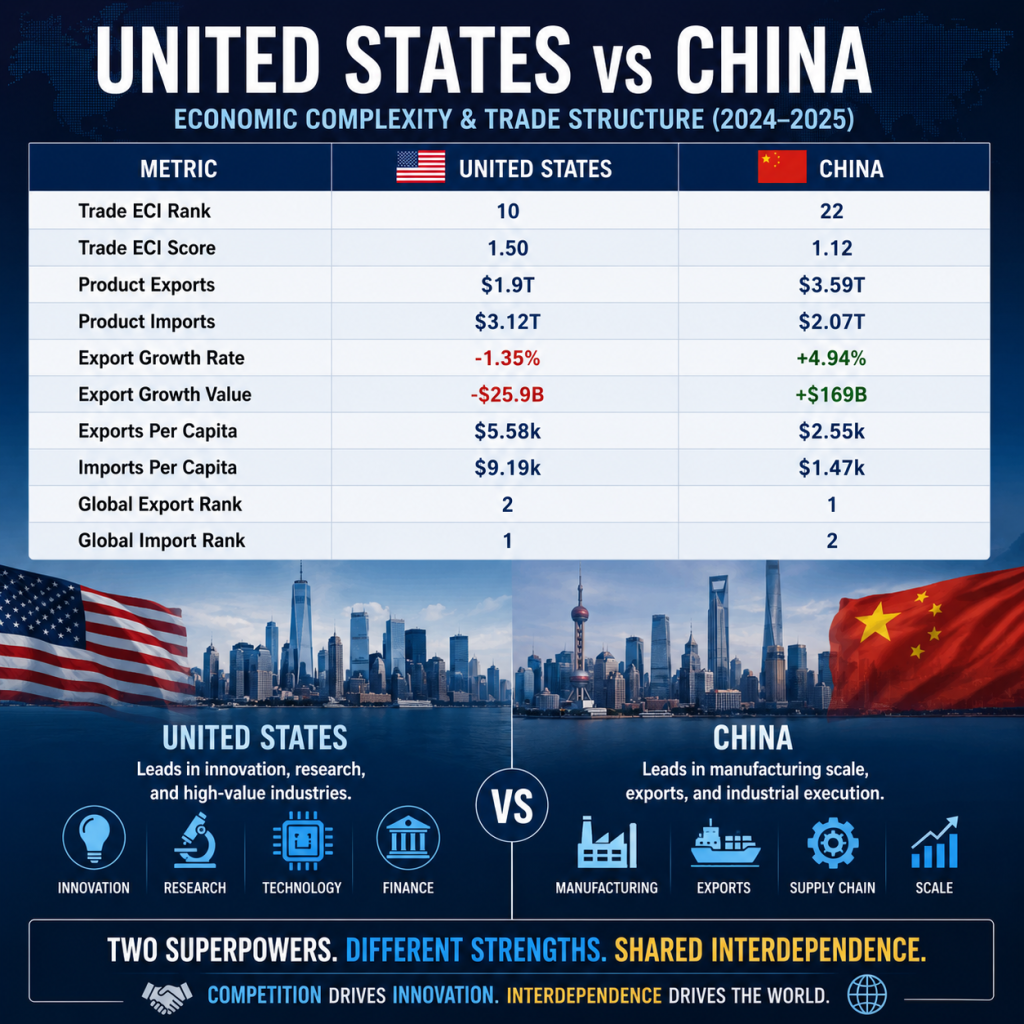 Infographic comparing U.S. and China manufacturing and trade indicators