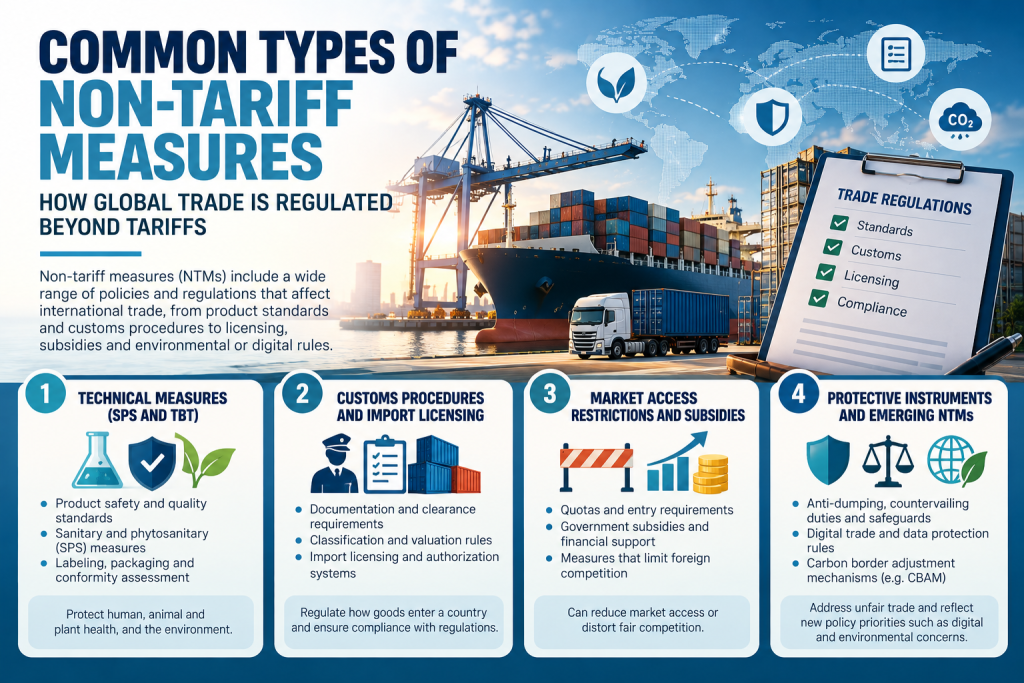 Common Types of Infographic illustrating non-tariff measures, including trade standards, import licensing and market access regulations