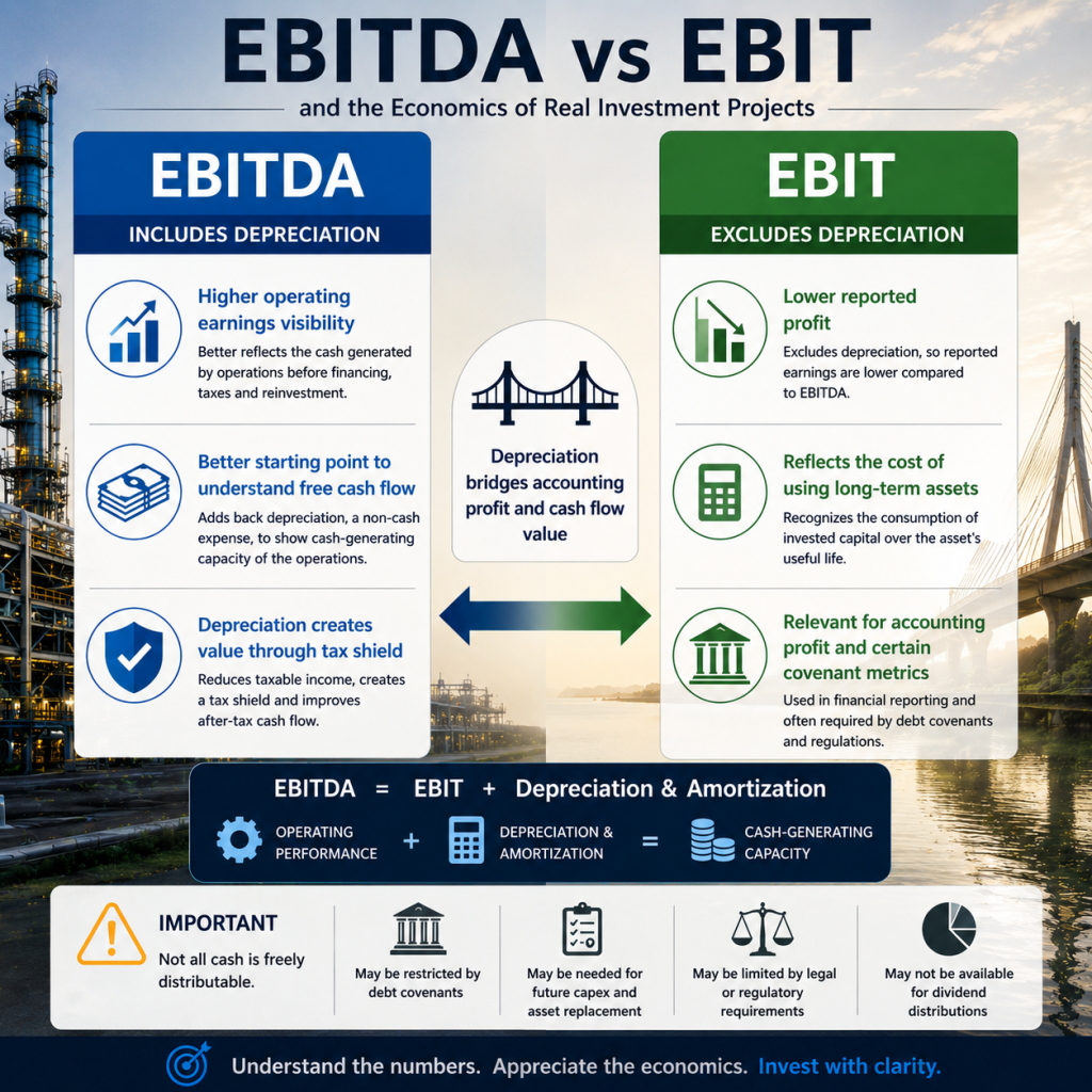 EBITDA vs EBIT comparison showing depreciation, amortization and investment project profitability