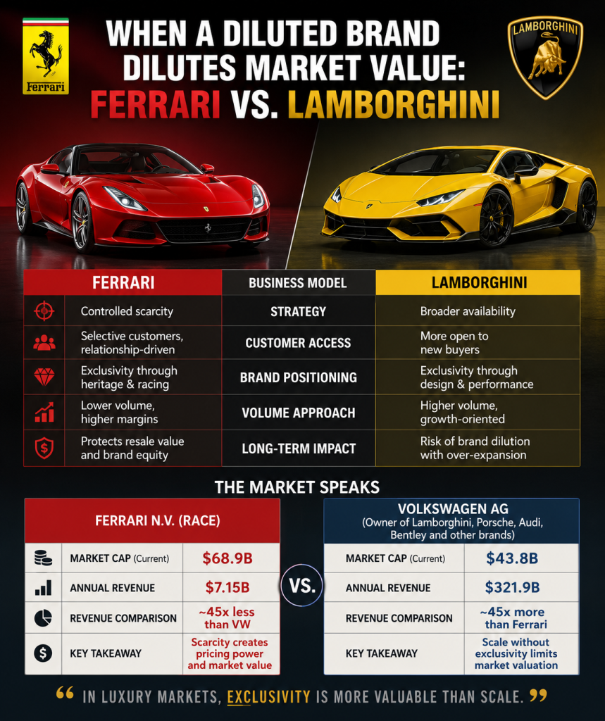 Ferrari vs Lamborghini comparison of brand strategy, exclusivity and market value