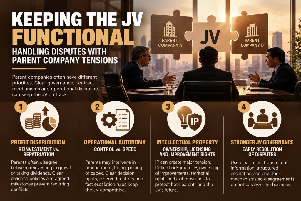 Joint venture disputes involving parent company tensions, operational control and governance